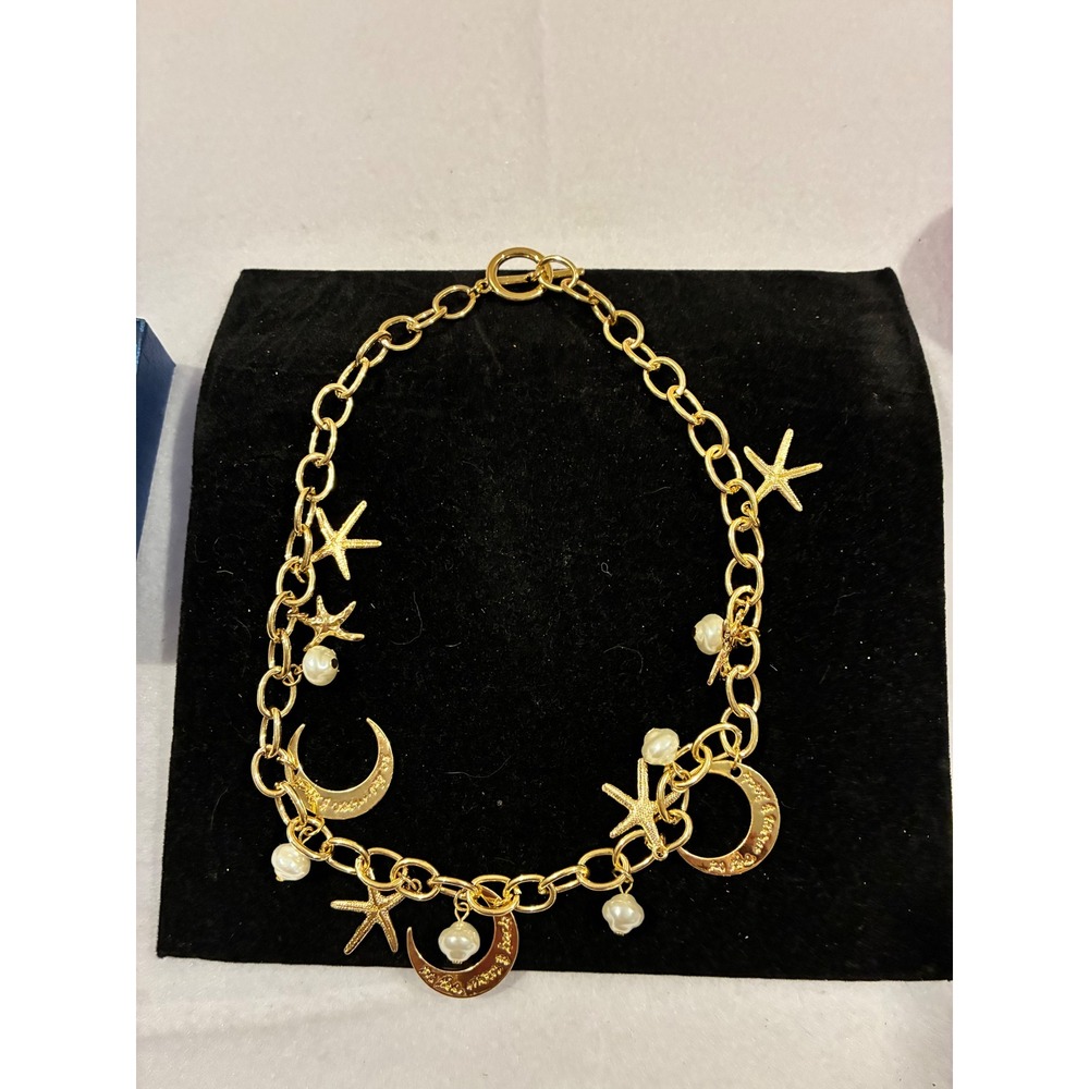 Gold Starfish Moon Pearl Charm Necklace Toggle Clasp Celestial Nautical 7518717